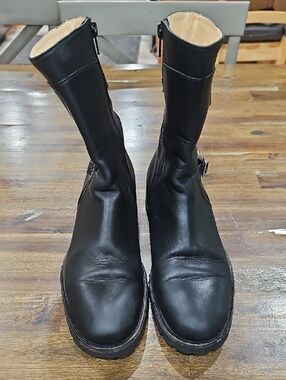 Women's Giraudon New York  Black Leather Moto Boots with Side Zip and Buckle